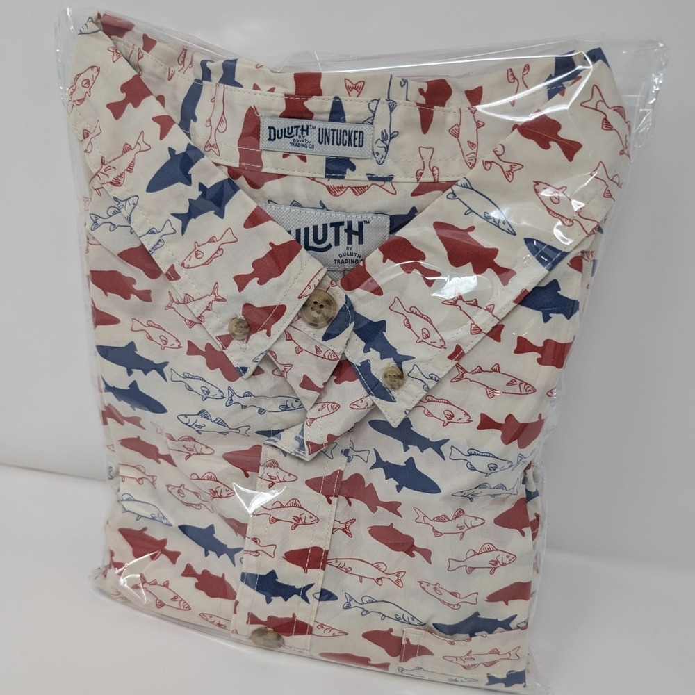 Duluth Men's Untucked Relaxed Fit Red White Blue Fish Print Short Sleeve Shirt - Picture 12 of 12